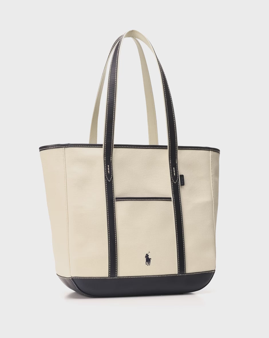 Ralph Lauren Leather-Trim Canvas Medium Shopper Tote | Ecru/Navy