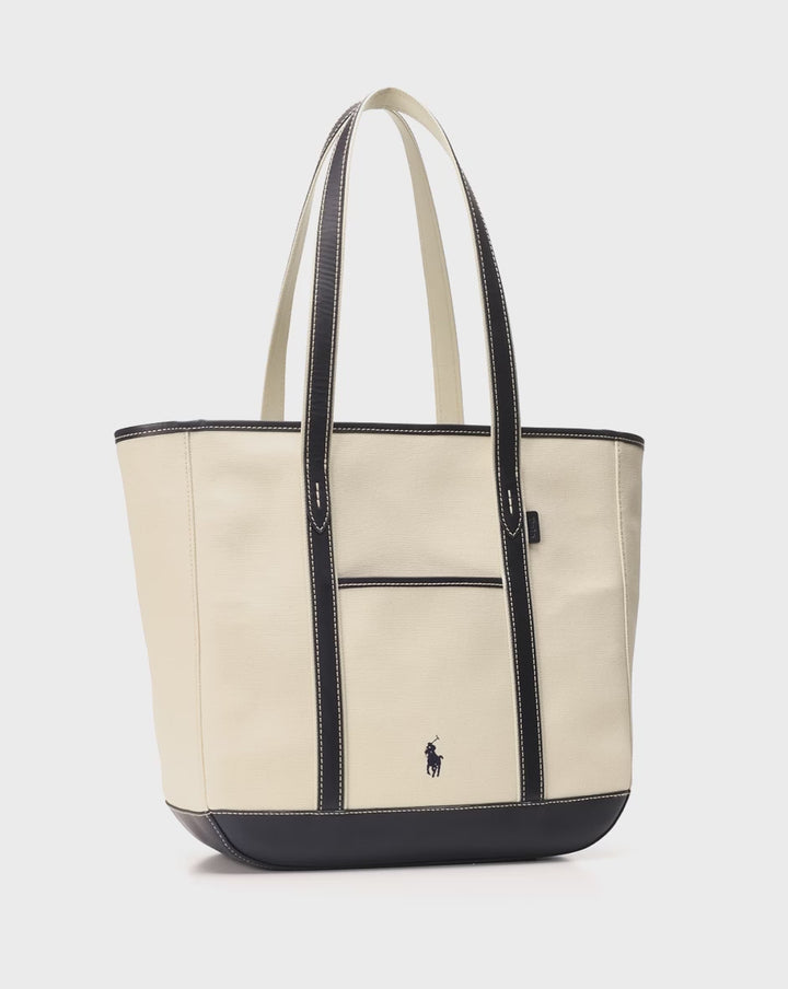 Ralph Lauren Leather-Trim Canvas Medium Shopper Tote | Ecru/Navy