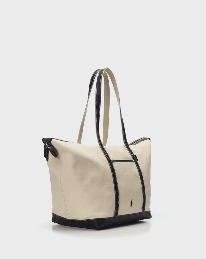 Ralph Lauren Large Canvas Leather-Trim Shopper Tote | Ecru/Navy