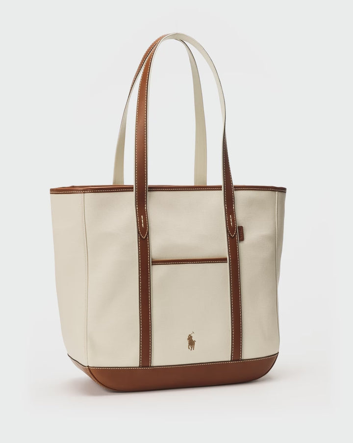 Ralph Lauren Leather-Trim Canvas Medium Shopper Tote | Ecru/Cuoio