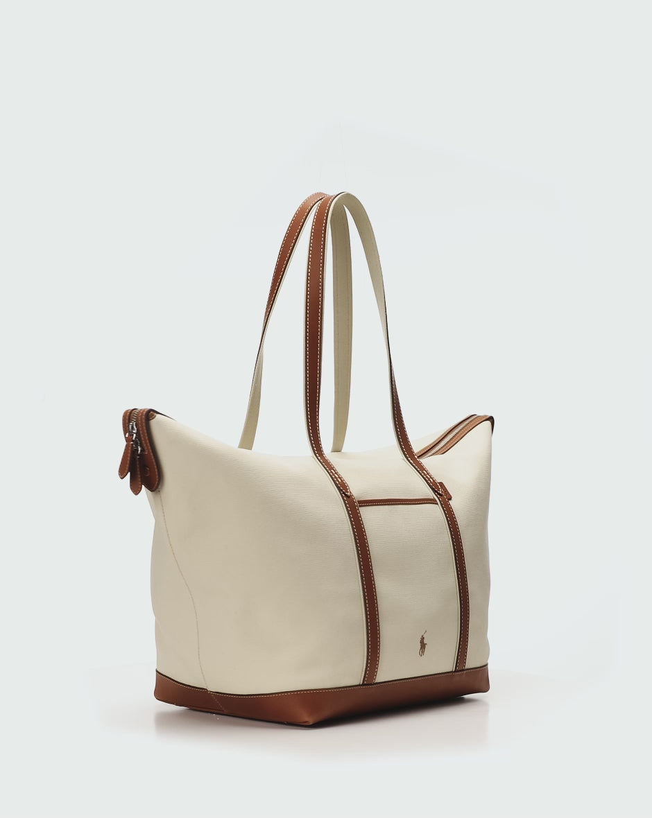 Ralph Lauren Large Canvas Leather-Trim Shopper Tote | Ecru/Cuoio