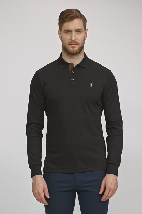 Ralph Lauren Custom Slim Fit Langarm-Polo aus weicher Baumwolle | Schwarz