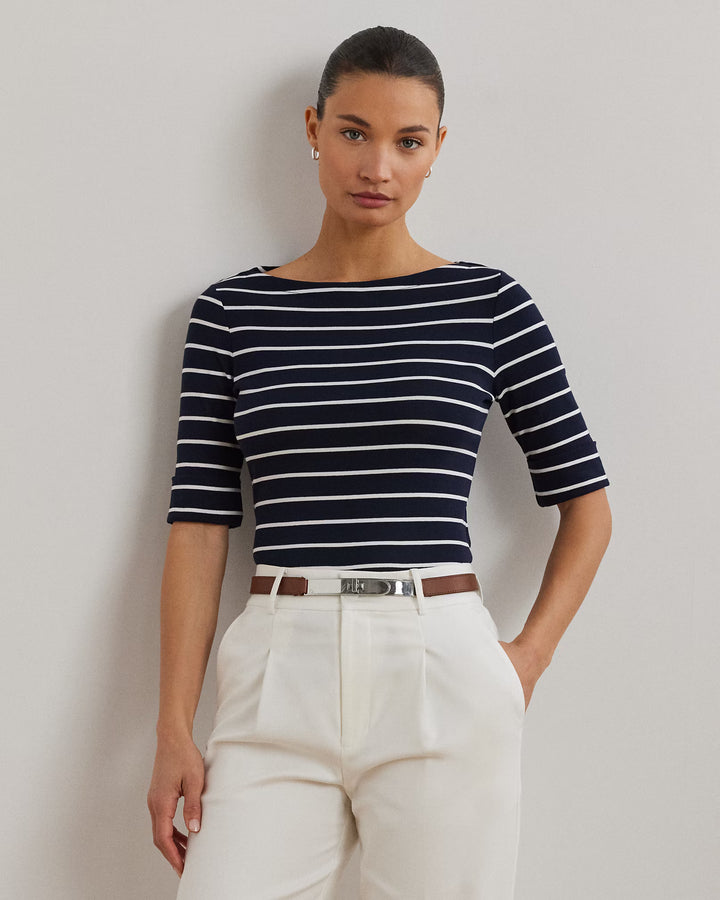 Lauren Ralph Lauren Striped Stretch Cotton Boatneck Tee | Navy/White