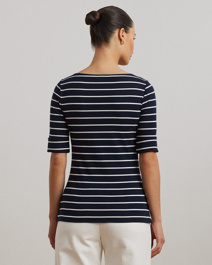 Lauren Ralph Lauren Striped Stretch Cotton Boatneck Tee | Navy/White