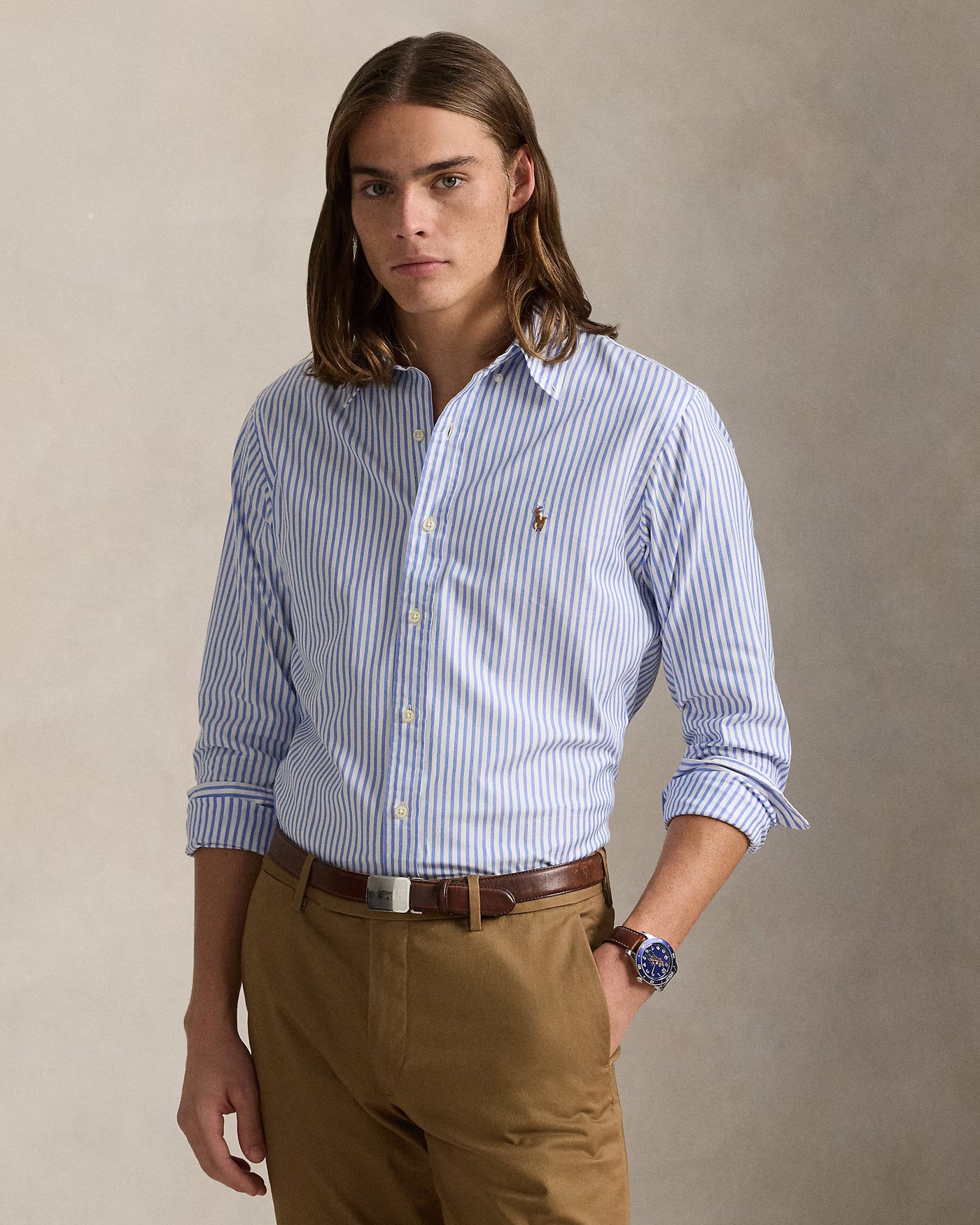 Ralph Lauren Custom Fit Striped Stretch Oxford Shirt | Blue/White
