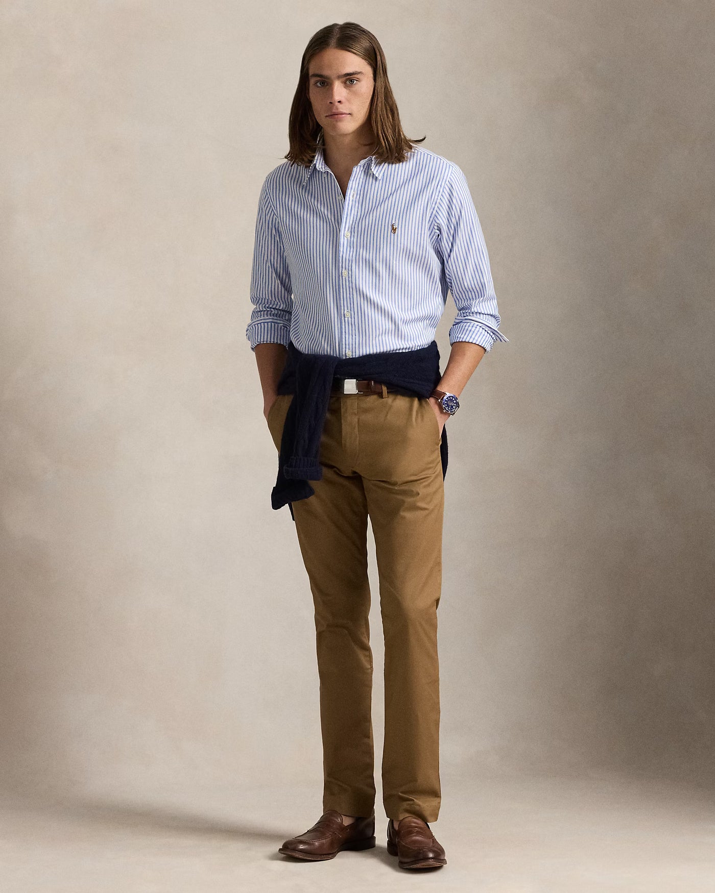 Ralph Lauren Custom Fit Striped Stretch Oxford Shirt | Blue/White