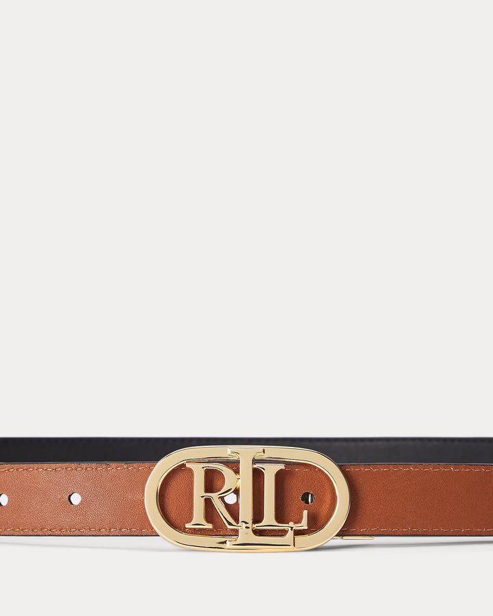 Lauren Ralph Lauren Oval-Logo Reversible Leather Skinny Belt | Black/Tan