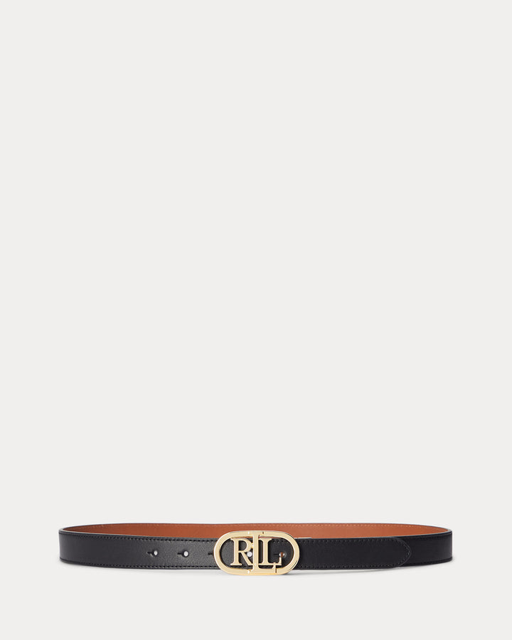 Lauren Ralph Lauren Oval-Logo Reversible Leather Skinny Belt | Black/Tan
