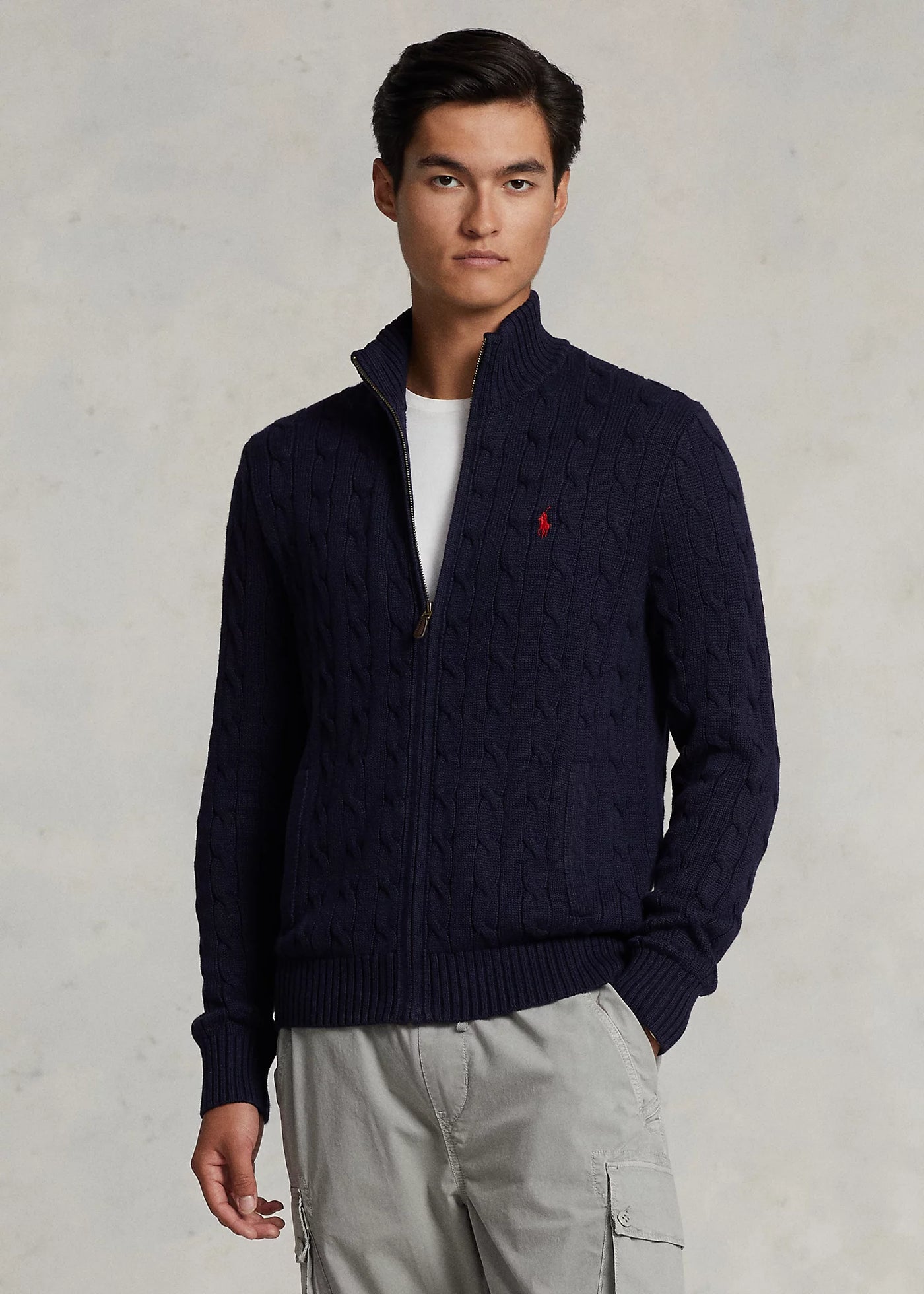 Ralph Lauren Βαμβακερή Πλεκτή Ζακέτα με Πλεξούδα | Σκούρο Μπλε