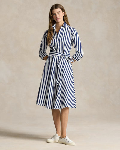 Ralph Lauren Belted Striped Cotton Shirtdress | Navy/White