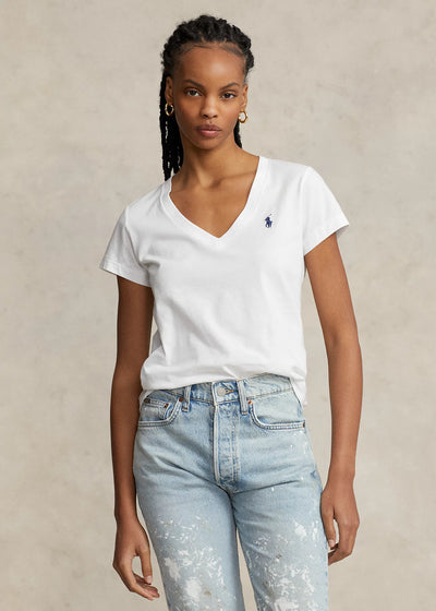 Ralph Lauren Βαμβακερό Τζέρσεϊ T-Shirt με V Λαιμό | Λευκό