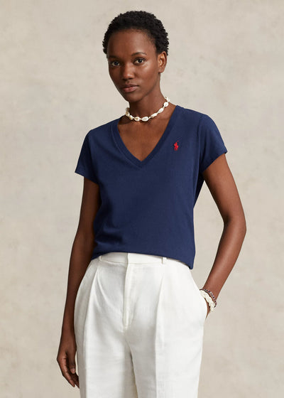 Ralph Lauren Βαμβακερό Τζέρσεϊ T-Shirt με V Λαιμό | Σκούρο Μπλε