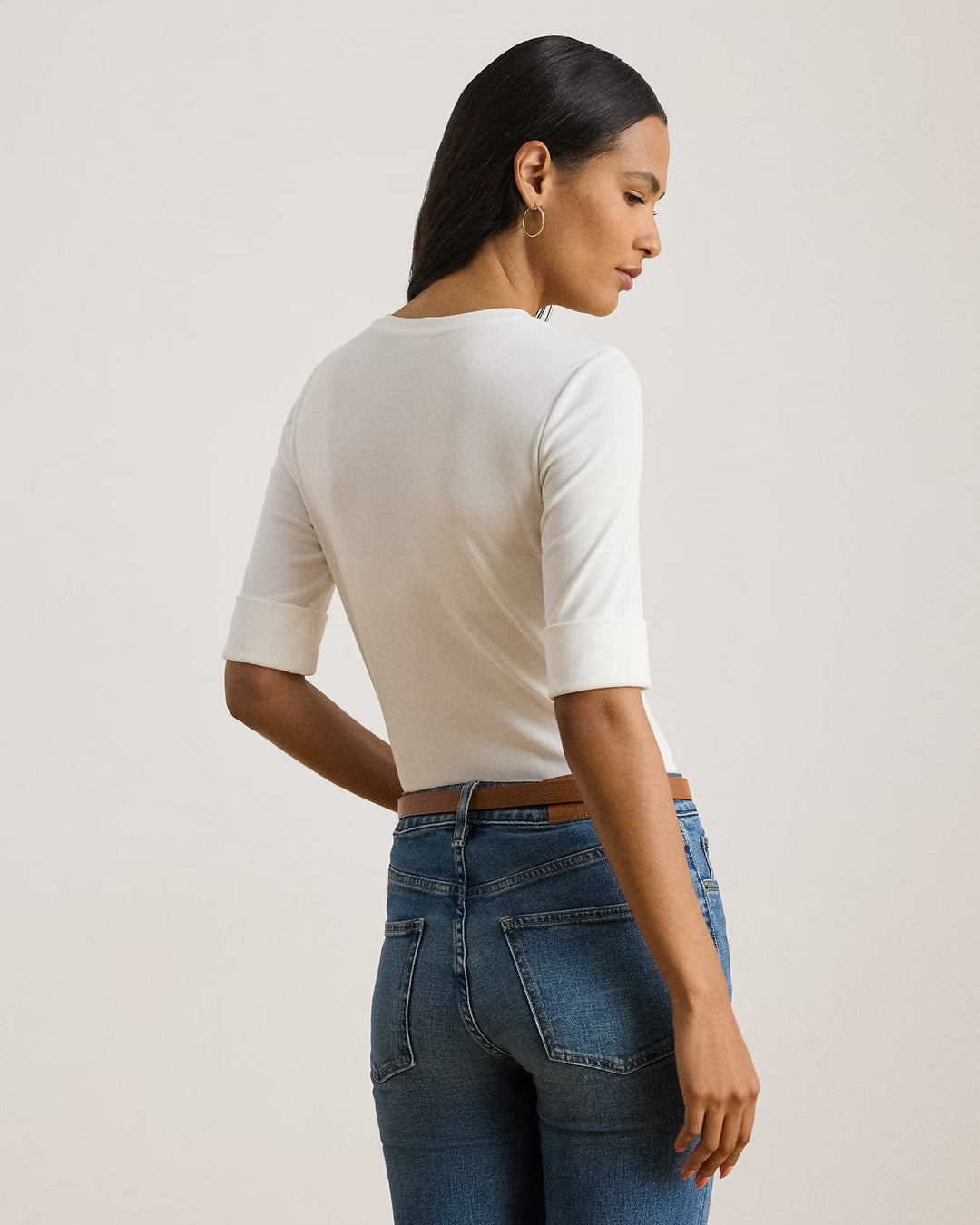 Lauren Ralph Lauren Stretch Cotton Elbow-Sleeve V-Neck Tee | White