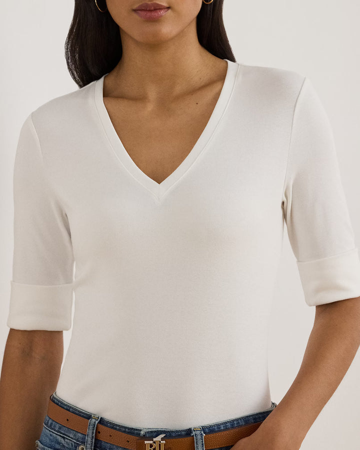 Lauren Ralph Lauren Stretch Cotton Elbow-Sleeve V-Neck Tee | White