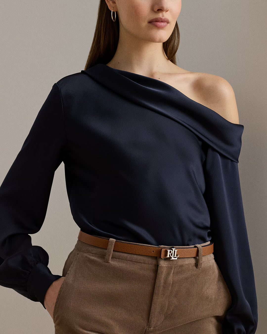 Lauren Ralph Lauren Satin Charmeuse One-Shoulder Blouse | Navy