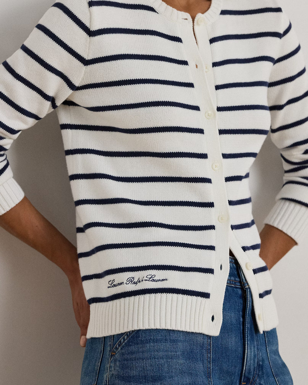 Lauren Ralph Lauren Striped Cotton Cardigan | White/Navy