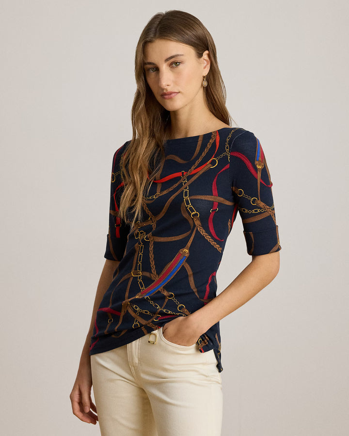 Lauren Ralph Lauren Belting-Print Cotton Boatneck T-Shirt | Navy Multi