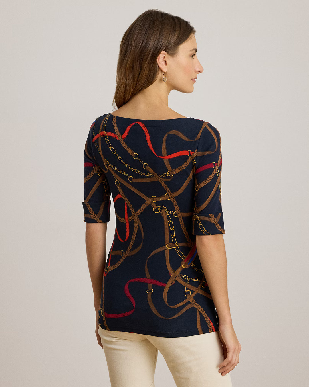 Lauren Ralph Lauren Belting-Print Cotton Boatneck T-Shirt | Navy Multi