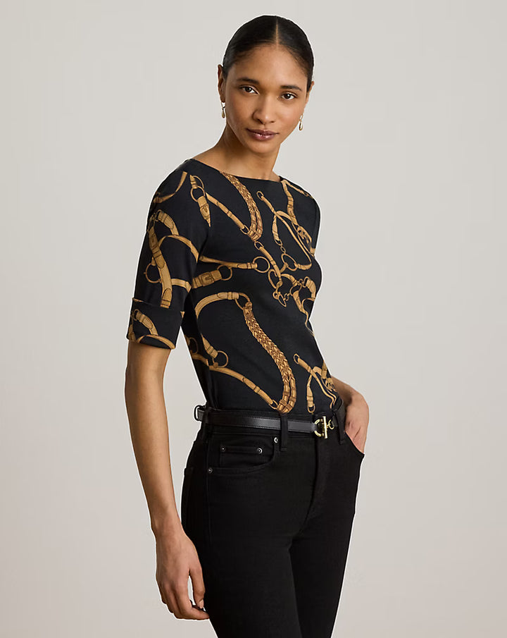 Lauren Ralph Lauren Belting-Print Cotton Boatneck T-Shirt | Black/Tan