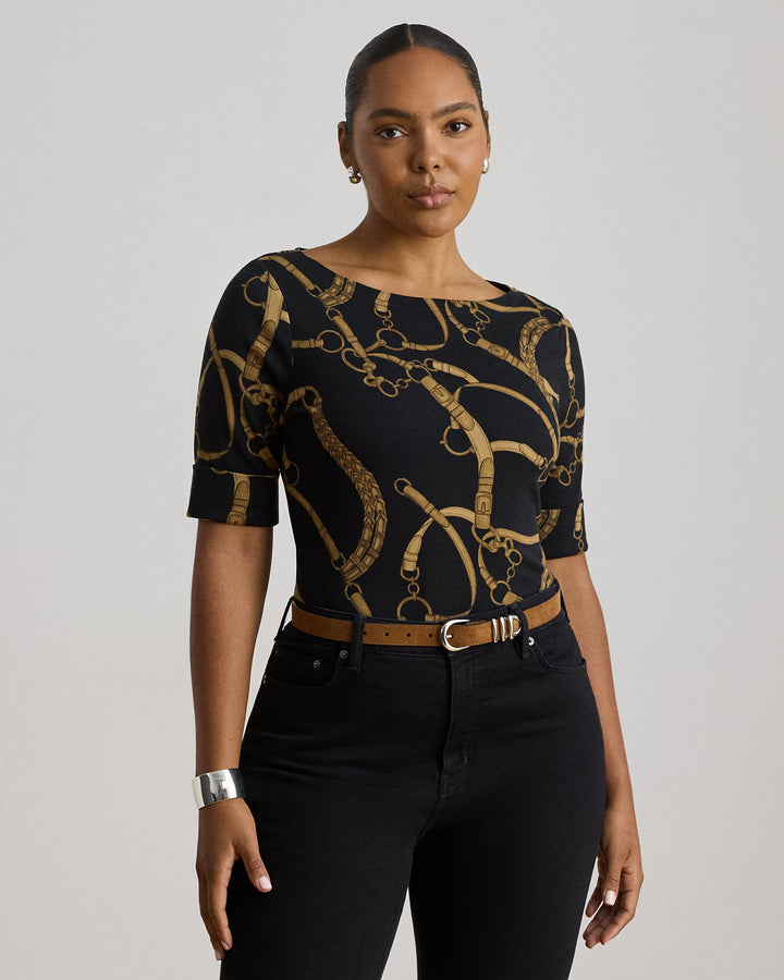 Lauren Ralph Lauren Belting-Print Cotton Boatneck T-Shirt | Black/Tan