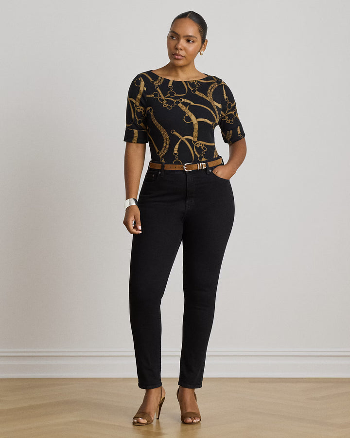 Lauren Ralph Lauren Belting-Print Cotton Boatneck T-Shirt | Black/Tan