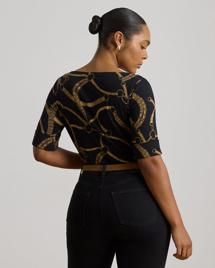 Lauren Ralph Lauren Belting-Print Cotton Boatneck T-Shirt | Black/Tan