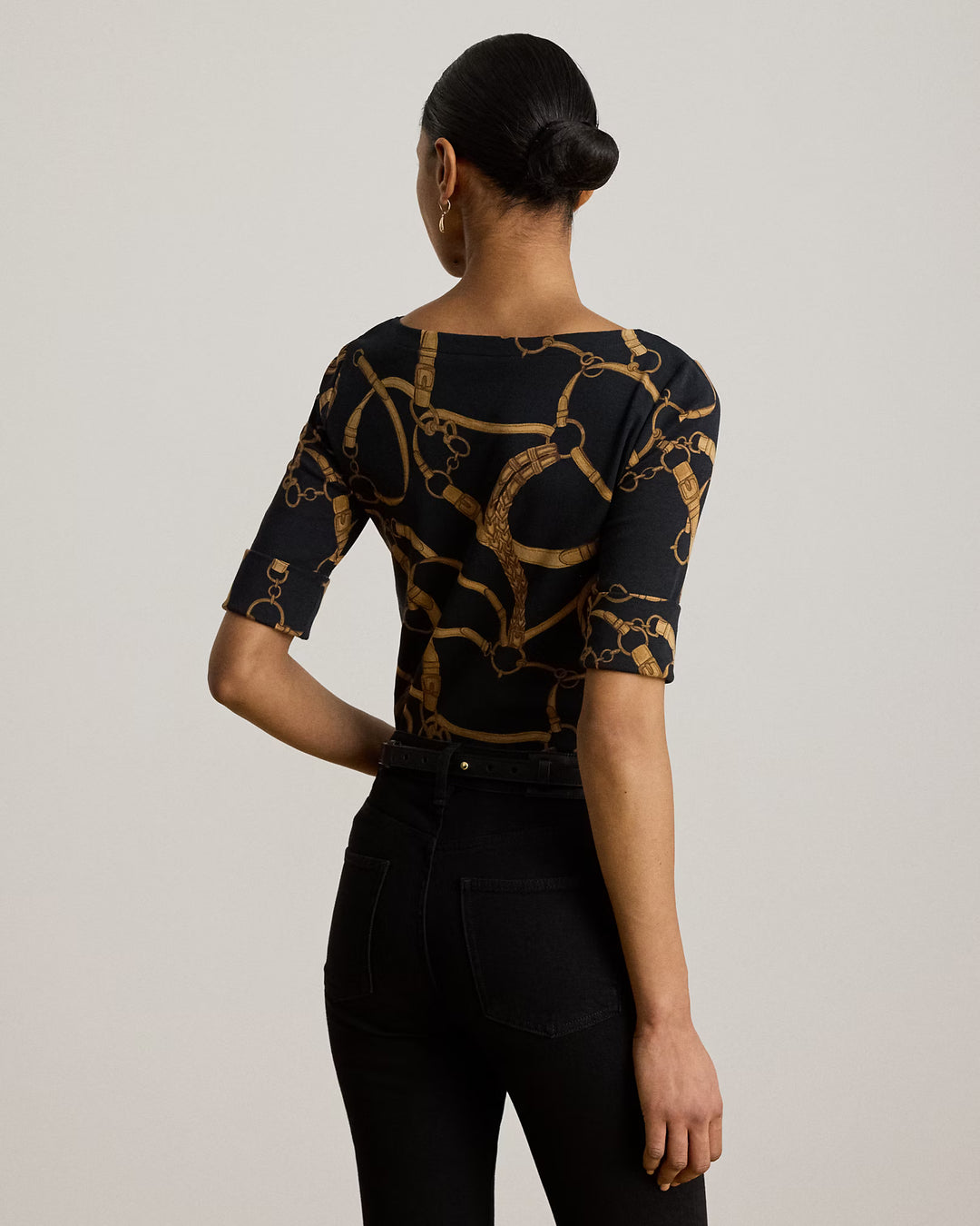 Lauren Ralph Lauren Belting-Print Cotton Boatneck T-Shirt | Black/Tan