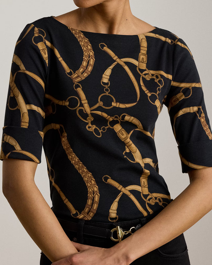 Lauren Ralph Lauren Belting-Print Cotton Boatneck T-Shirt | Black/Tan