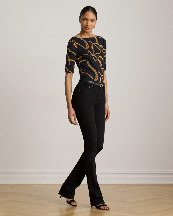 Lauren Ralph Lauren Belting-Print Cotton Boatneck T-Shirt | Black/Tan
