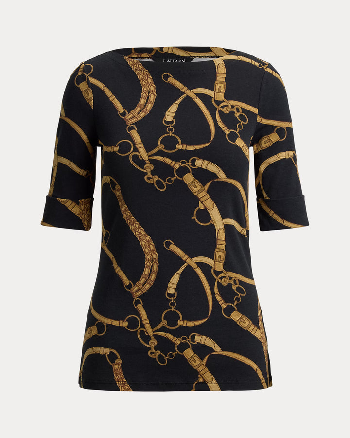 Lauren Ralph Lauren Belting-Print Cotton Boatneck T-Shirt | Black/Tan