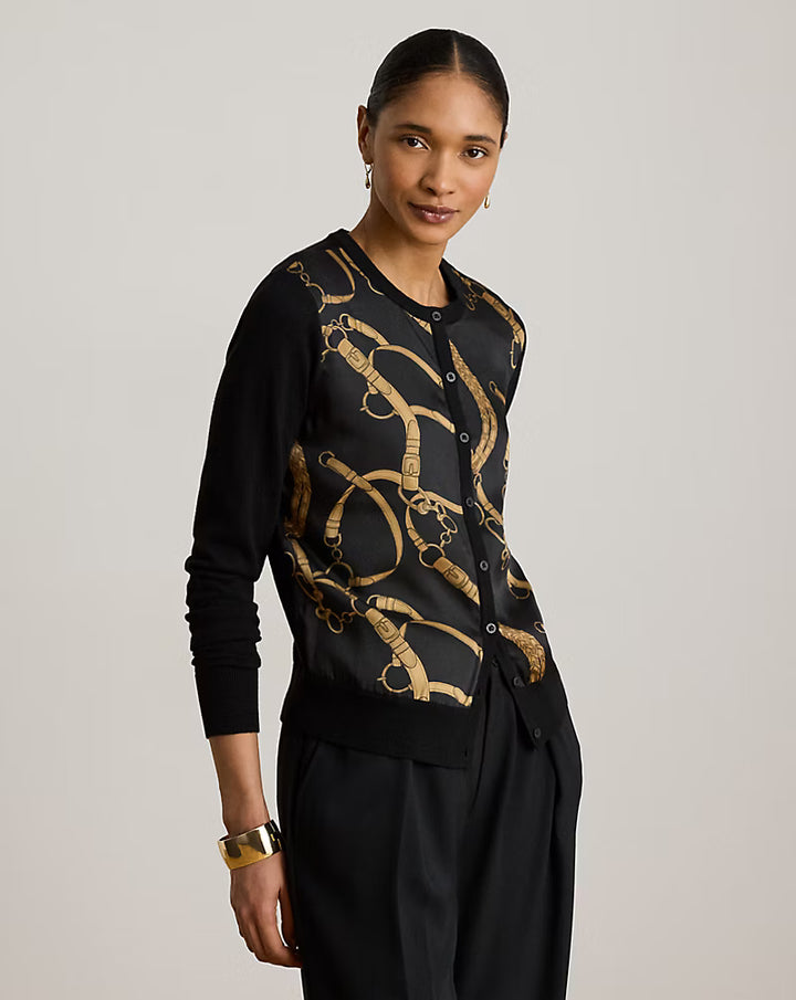 Lauren Ralph Lauren Belting-Print Cotton-Blend Cardigan | Black/Tan