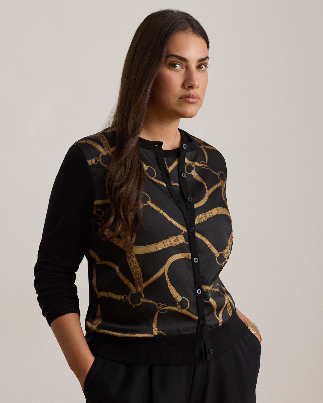 Lauren Ralph Lauren Belting-Print Cotton-Blend Cardigan | Black/Tan