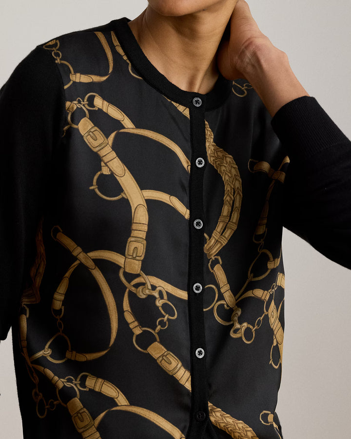 Lauren Ralph Lauren Belting-Print Cotton-Blend Cardigan | Black/Tan