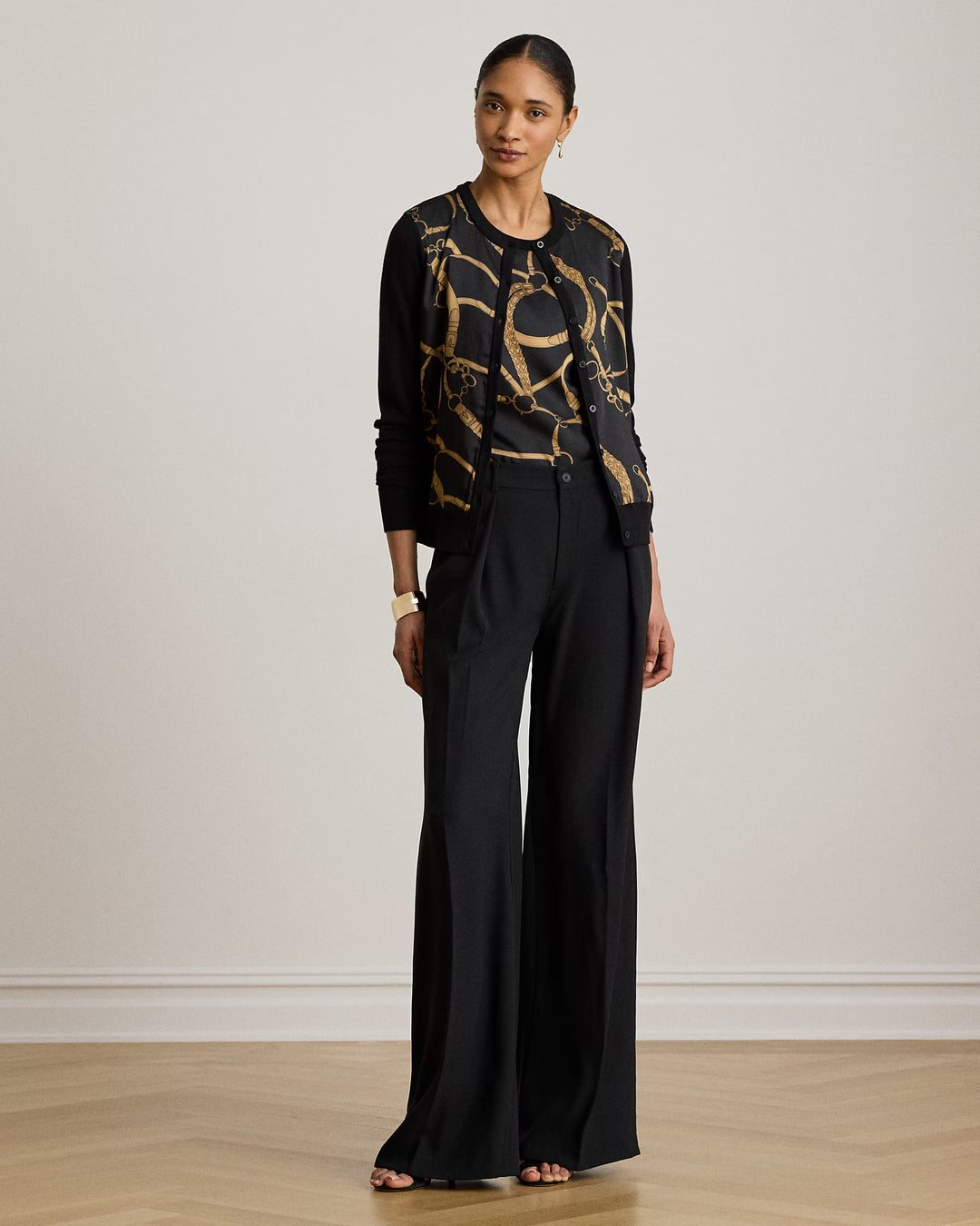 Lauren Ralph Lauren Belting-Print Cotton-Blend Cardigan | Black/Tan