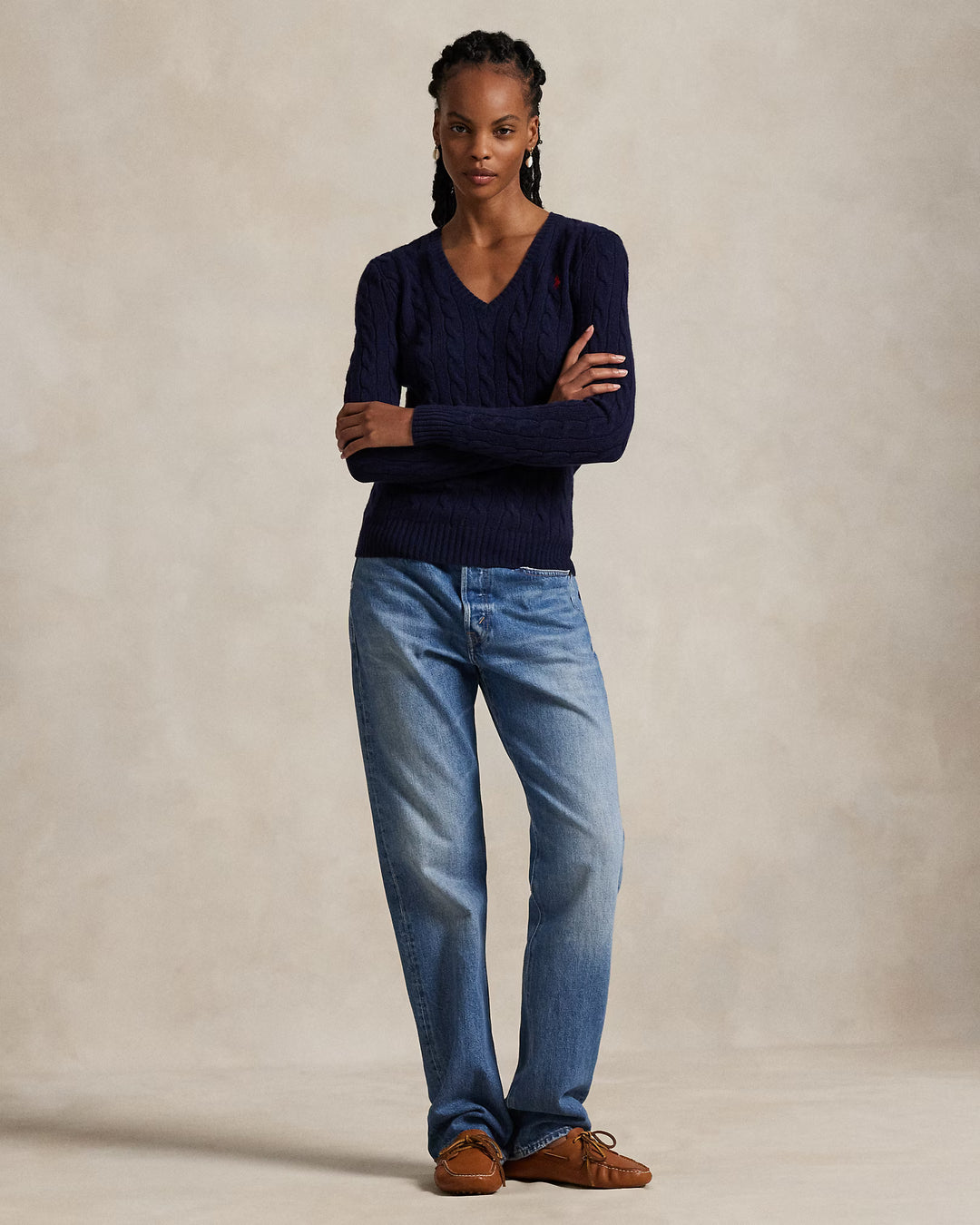 Ralph Lauren Cable-Knit Wool-Cashmere V-Neck Jumper | Hunter Navy