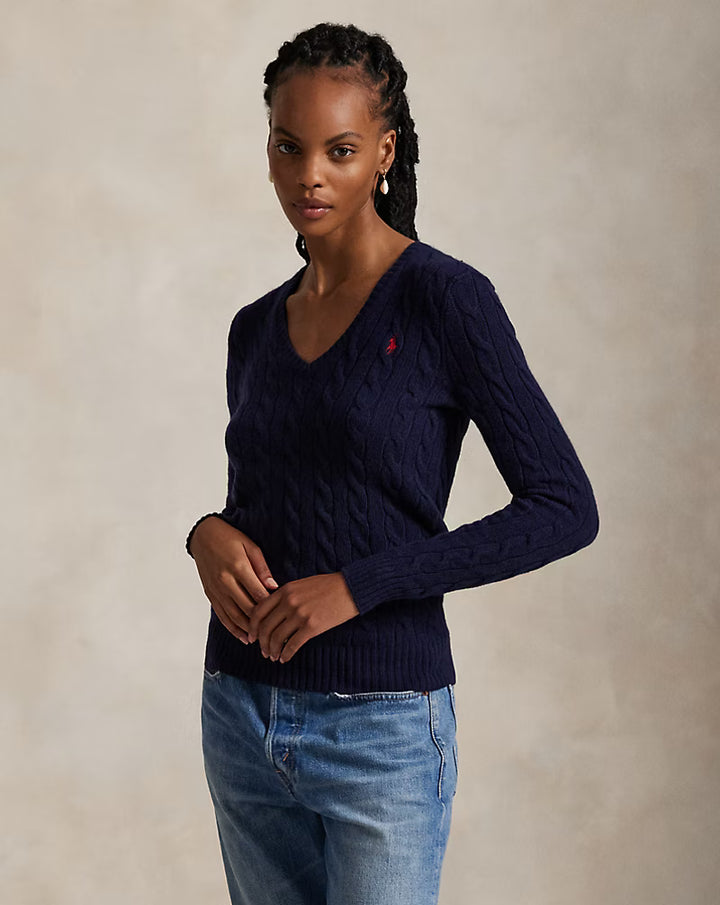 Ralph Lauren Cable-Knit Wool-Cashmere V-Neck Jumper | Hunter Navy