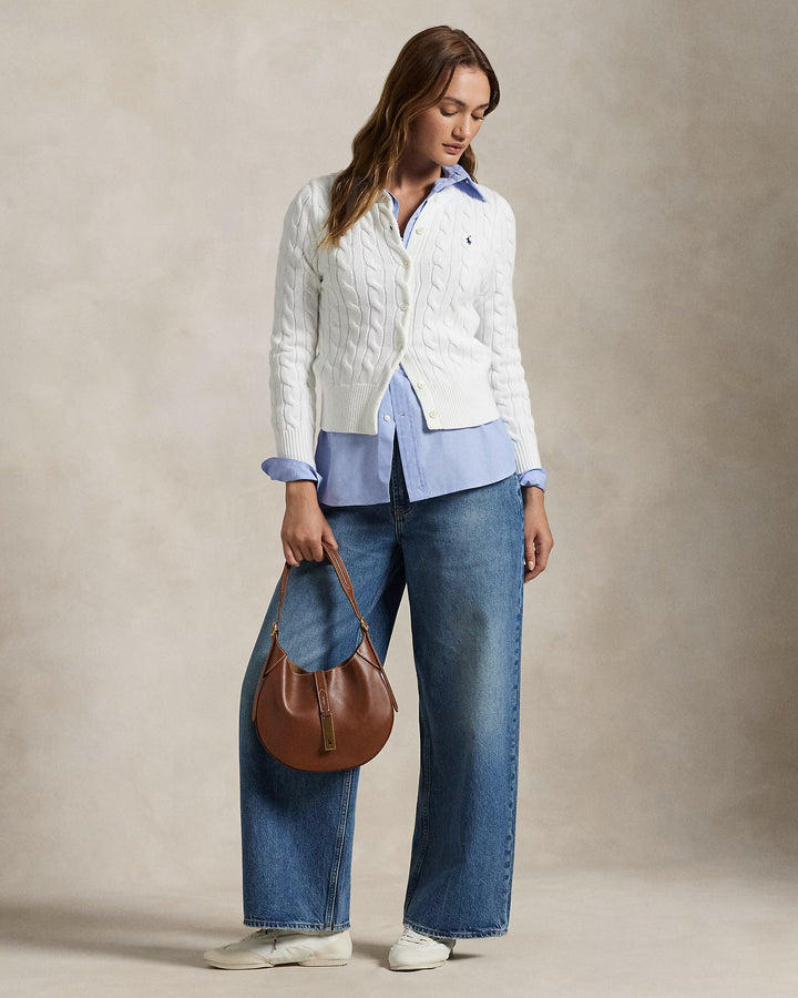 Ralph Lauren Cable-Knit Cotton Crewneck Cardigan | White