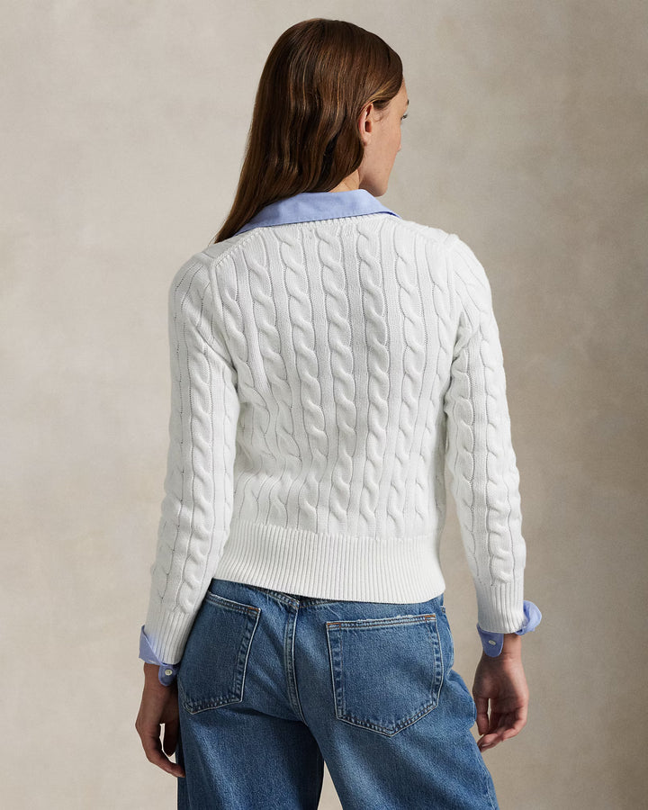 Ralph Lauren Cable-Knit Cotton Crewneck Cardigan | White