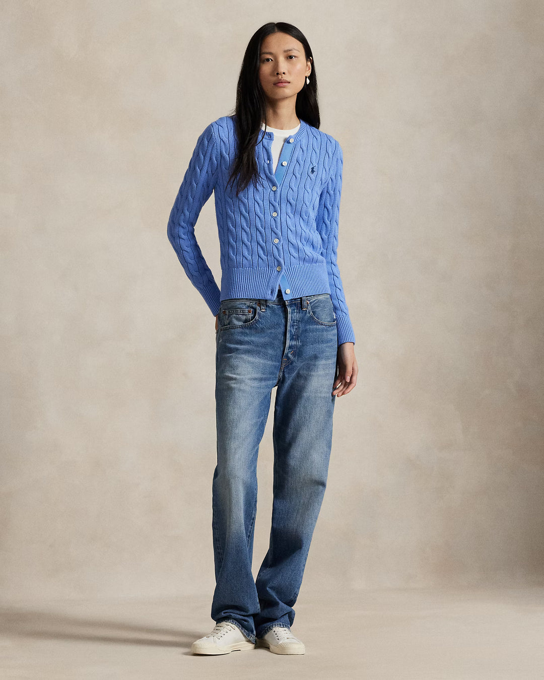 Ralph Lauren Cable-Knit Cotton Crewneck Cardigan | Litchfield Blue