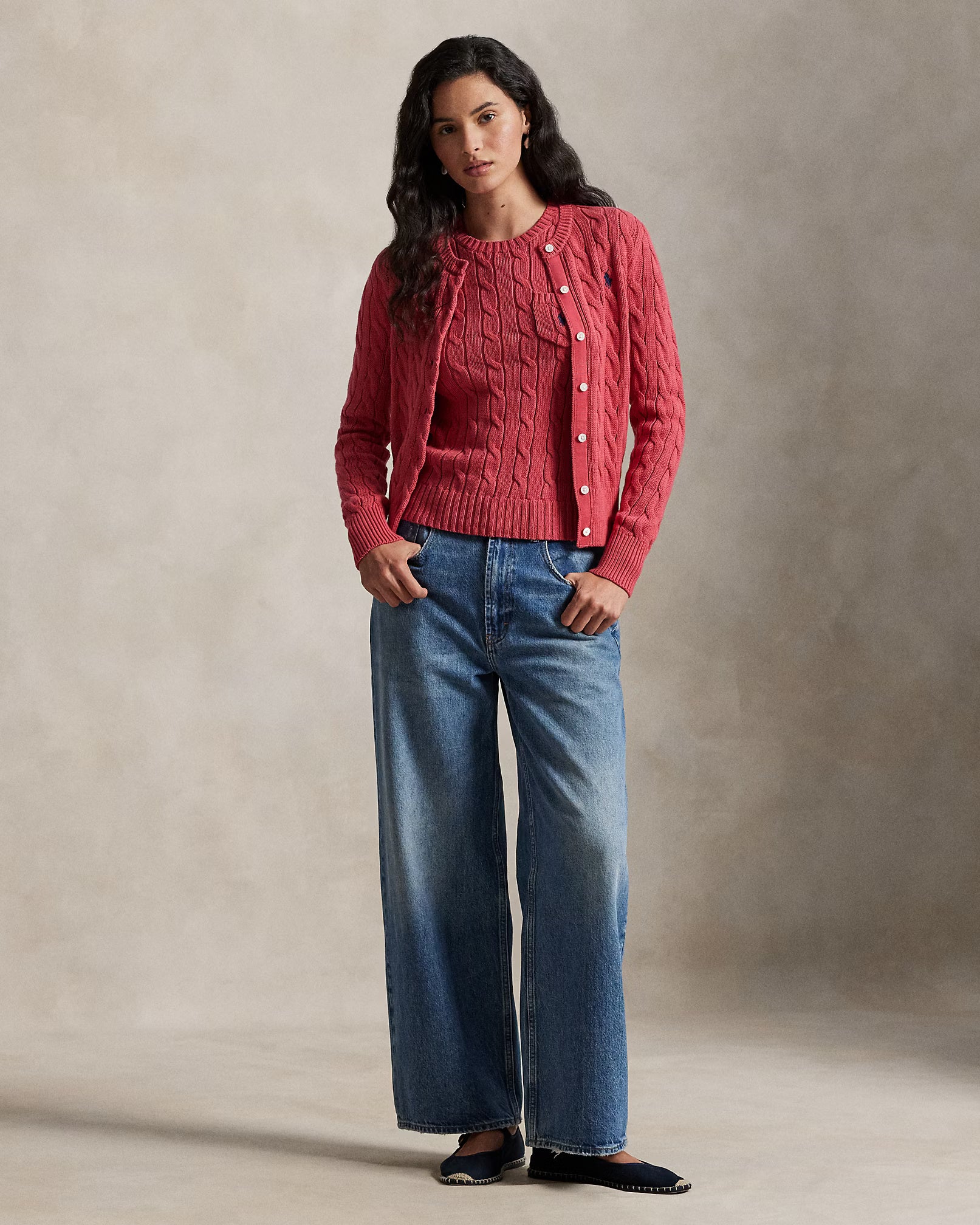 Ralph Lauren Cable-Knit Cotton Crewneck Cardigan | Nantucket Red