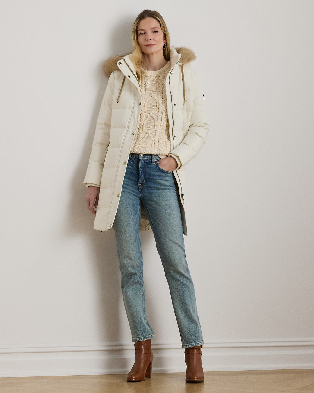 Lauren Ralph Lauren Hooded Faux Fur-Trim Down Coat | Cream