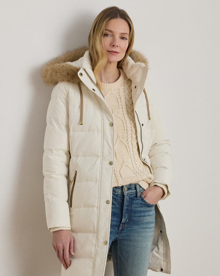 Lauren Ralph Lauren Hooded Faux Fur-Trim Down Coat | Cream