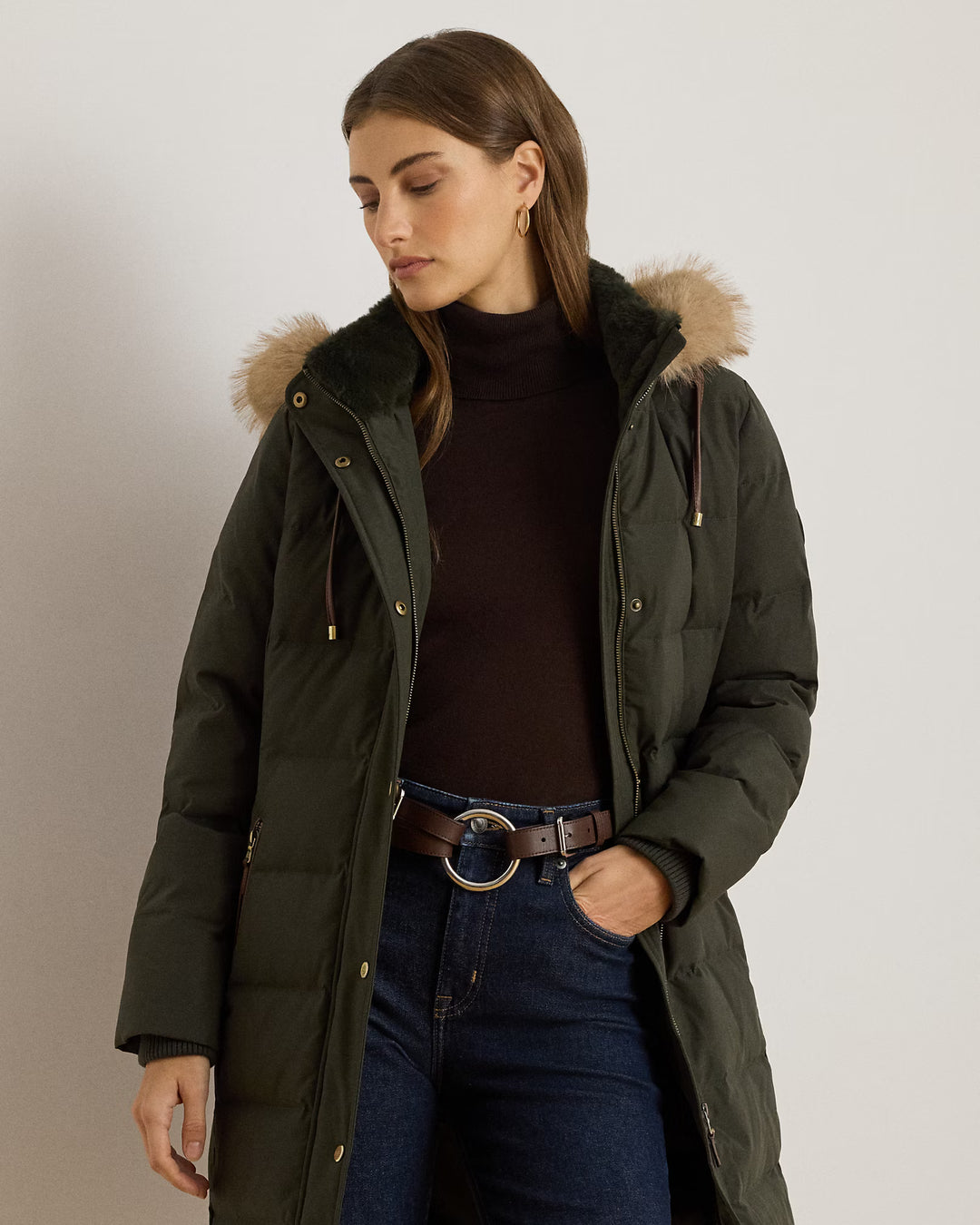 Lauren Ralph Lauren Hooded Faux Fur-Trim Down Coat | Dark Olive
