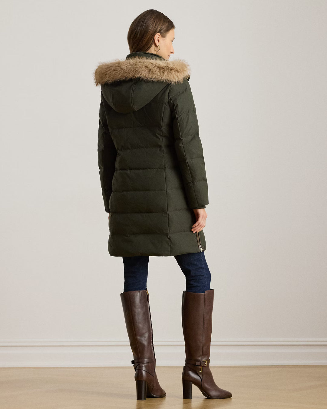 Lauren Ralph Lauren Hooded Faux Fur-Trim Down Coat | Dark Olive