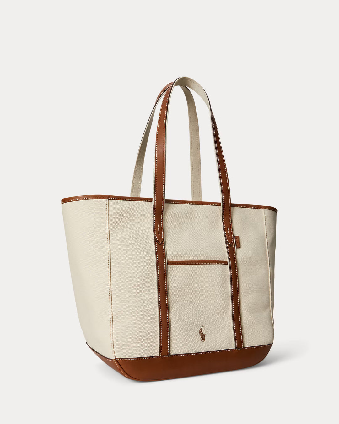 Ralph Lauren Leather-Trim Canvas Medium Shopper Tote Bag | Ecru/Cuoio