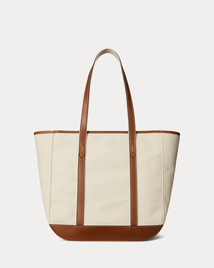 Ralph Lauren Leather-Trim Canvas Medium Shopper Tote | Ecru/Cuoio
