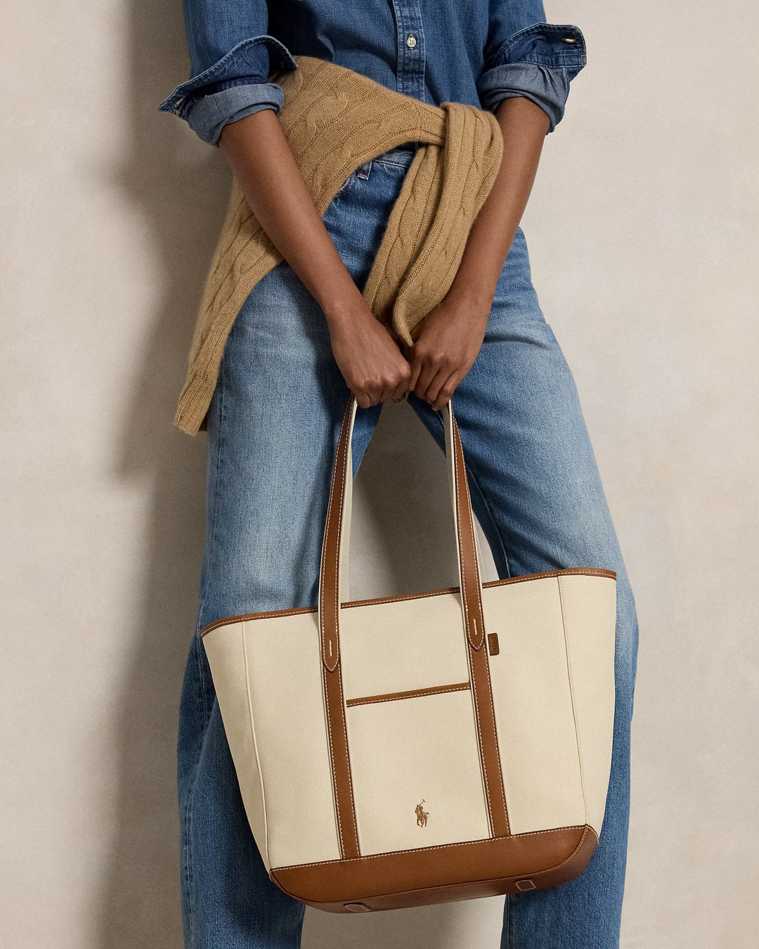 Ralph Lauren Leather-Trim Canvas Medium Shopper Tote | Ecru/Cuoio
