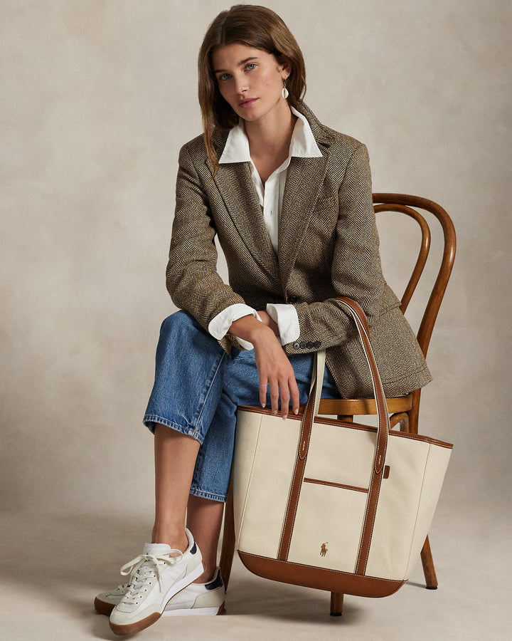 Ralph Lauren Leather-Trim Canvas Medium Shopper Tote Bag | Ecru/Cuoio