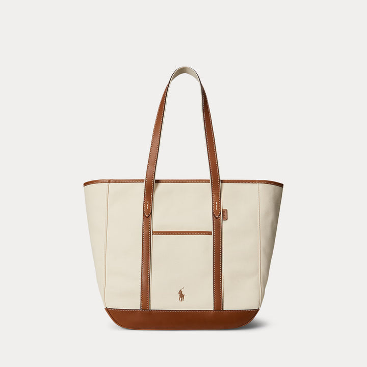 Ralph Lauren Leather-Trim Canvas Medium Shopper Tote | Ecru/Cuoio