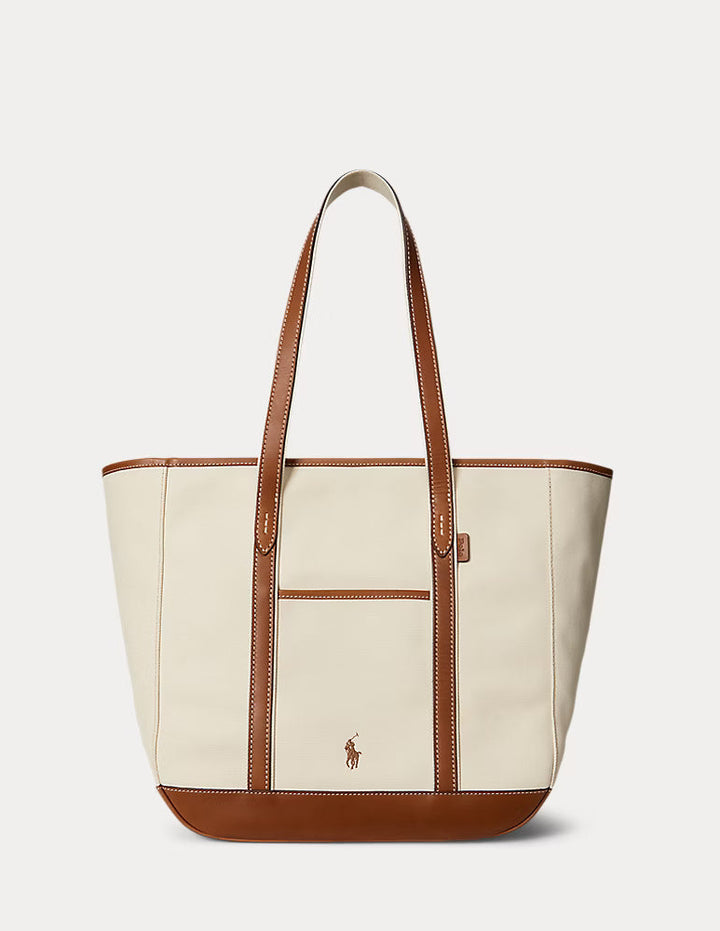 Ralph Lauren Leather-Trim Canvas Medium Shopper Tote Bag | Ecru/Cuoio